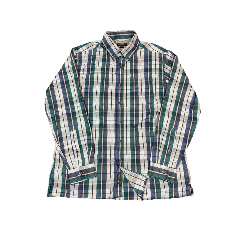 Eddie Bauer Men's Plaid Shirt Blue Green Nylon Poly Long Sleeve Down Size M